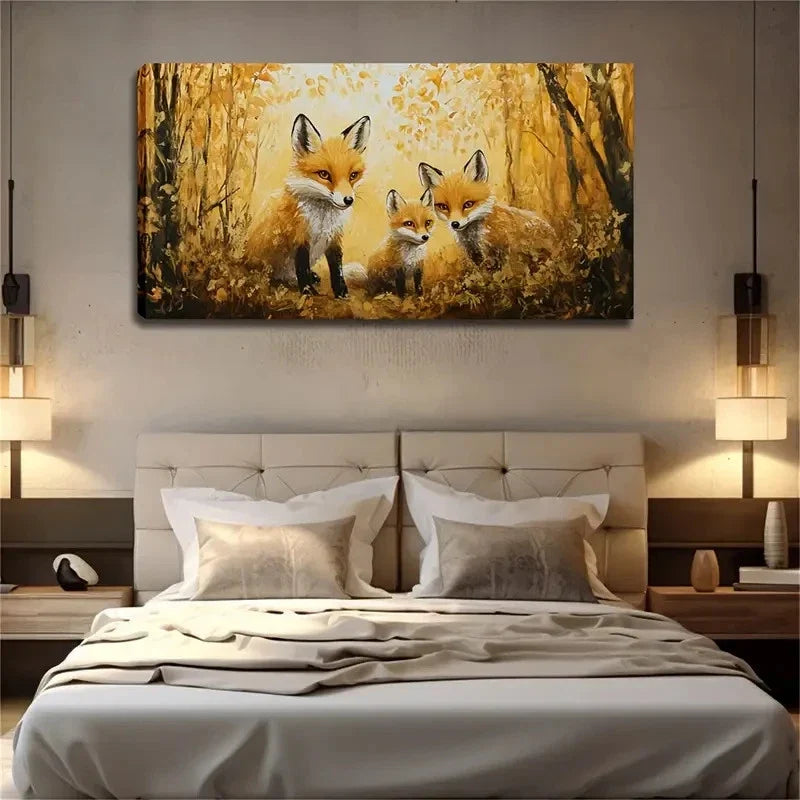 The Golden Woods Three Foxes Wall Art Canvas Office Home Room Framed 120x60cm