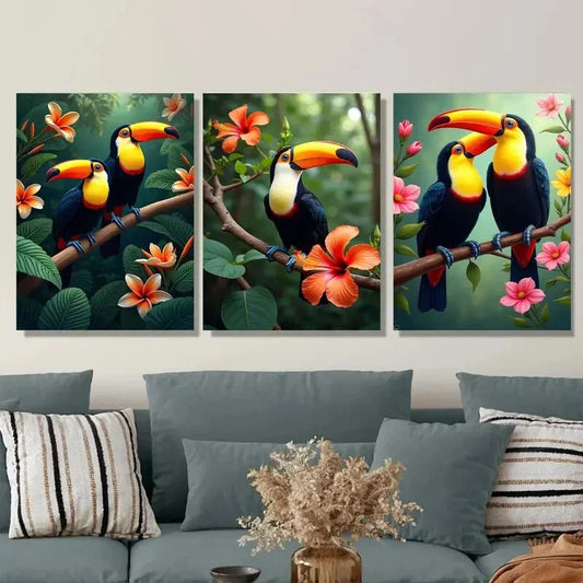 3pcs Vibrant Tropical Toucan and Flower Metal Print Ready to Hang Art