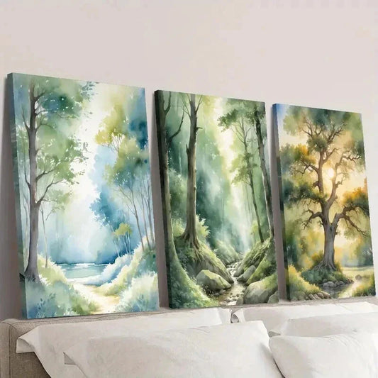 3pcs Serene Forest Path And River Scene Wall Art Set Canvas Framed 40x60cm - High Quality Print 100% Australian Made Wall Canvas Ready to Hang