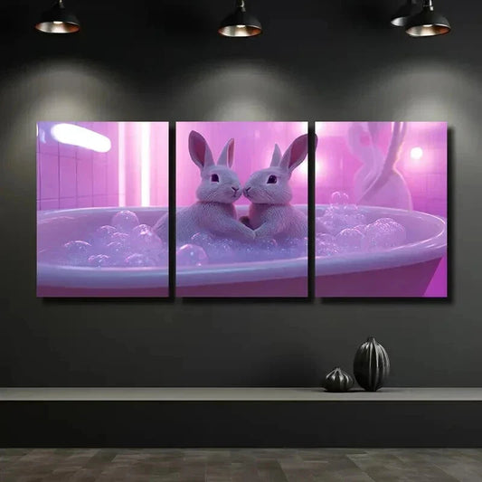 3pcs Charming Rabbits in Bathtub Wall Art Set Canvas Framed 40x60cm - High Quality Print 100% Australian Made Wall Canvas Ready to Hang