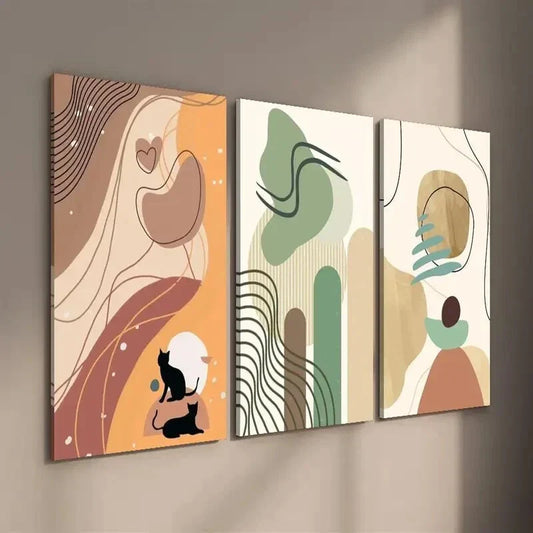 3pcs Geometric Abstract Shapes and Animal Cat Wall Art Set Canvas Framed 40x60cm - High Quality Print 100% Australian Made Wall Canvas Ready to Hang