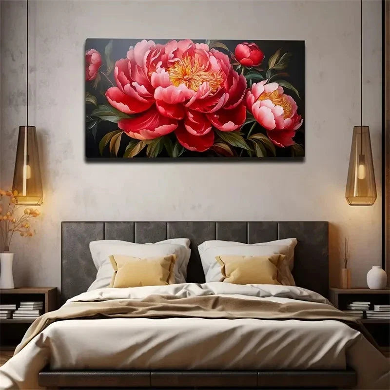 Deep Red Pink Peonies Dark Brow Wall Art Canvas Office Home Room Framed 80x45cm