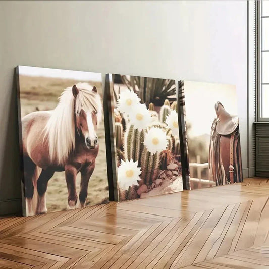 3pcs Rustic Cowboy Farmhouse Horse and Cactus Wall Art Set Canvas Framed 40x60cm - High Quality Print 100% Australian Made Wall Canvas Ready to Hang