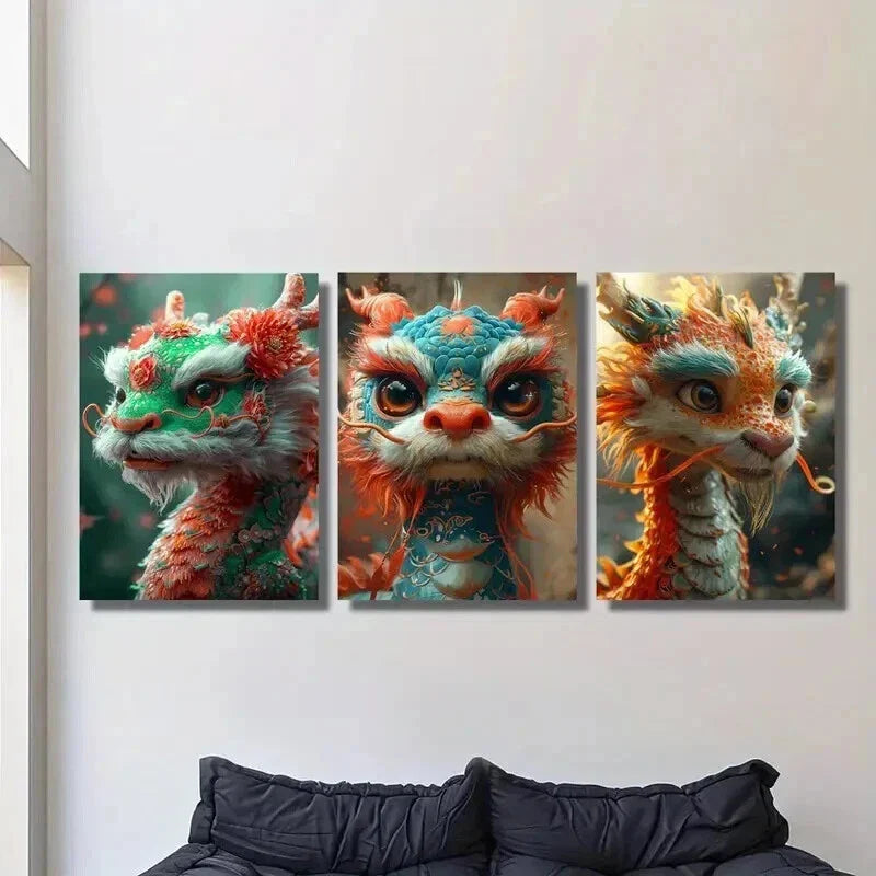 3pcs Cute Cartoon Happy New Year Dragon Wall Art Set Canvas Framed 40x60cm - High Quality Print 100% Australian Made Wall Canvas Ready to Hang