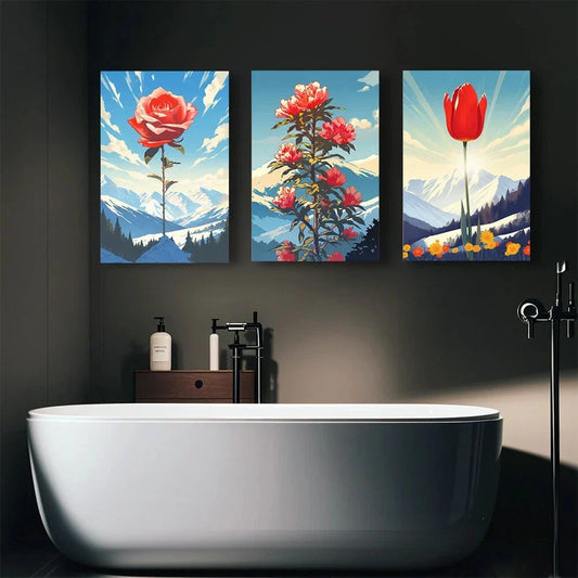 3pcs Flowers Blooming on Snow Peaks Metal Print Ready to Hang Art