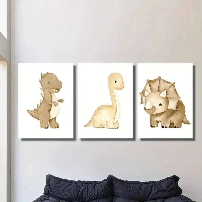 3pcs Cartoon Dinosaur Animal Themed Wall Art Set Canvas Framed 40x60cm - High Quality Print 100% Australian Made Wall Canvas Ready to Hang