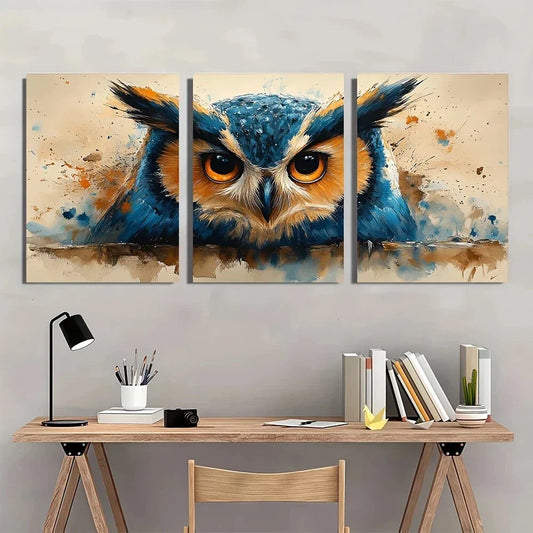 3pcs Whimsical Owl Watercolor Browns Teals Metal Print Ready to Hang Art