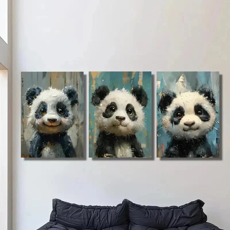 3pcs Woodland Animal Cute Panda Imitation Wall Art Set Canvas Framed 40x60cm - High Quality Print 100% Australian Made Wall Canvas Ready to Hang