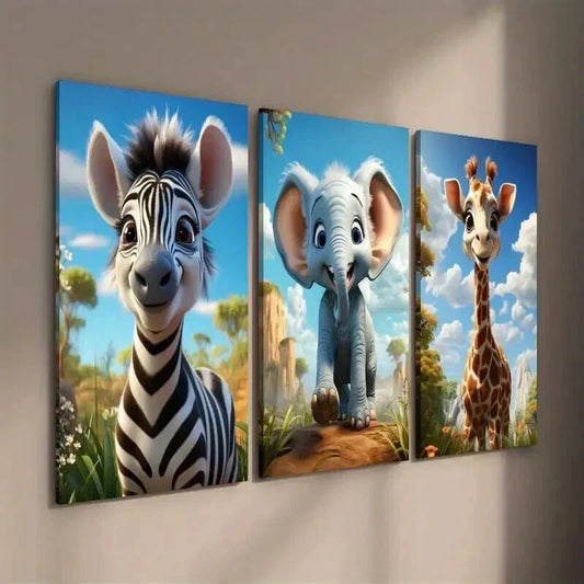3pcs Zebra Elephant Giraffe in Nature Scene Wall Art Set Canvas Framed 40x60cm - High Quality Print 100% Australian Made Wall Canvas Ready to Hang
