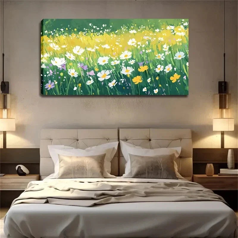 Yellow & Purple Floral Wall Art Canvas Office Home Room Framed 80x45cm