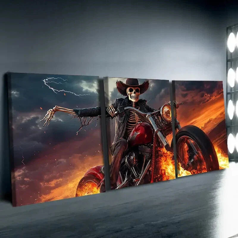 3pcs Skeleton on Motorcycle Dark Rider Fear Wall Art Set Canvas Framed 40x60cm - High Quality Print 100% Australian Made Wall Canvas Ready to Hang