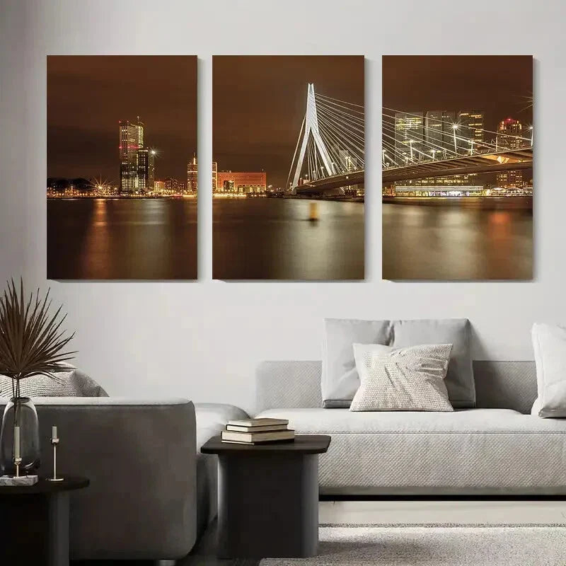 3pcs Modern Bridge and Urban Cityscape Metal Print Ready to Hang Art