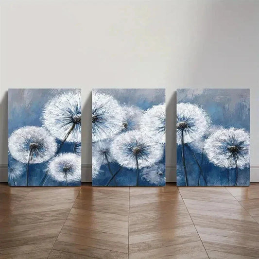3pcs White Dandelion on Vintage Blue Background Wall Art Set Canvas Framed 40x60cm - High Quality Print 100% Australian Made Wall Canvas Ready to Hang