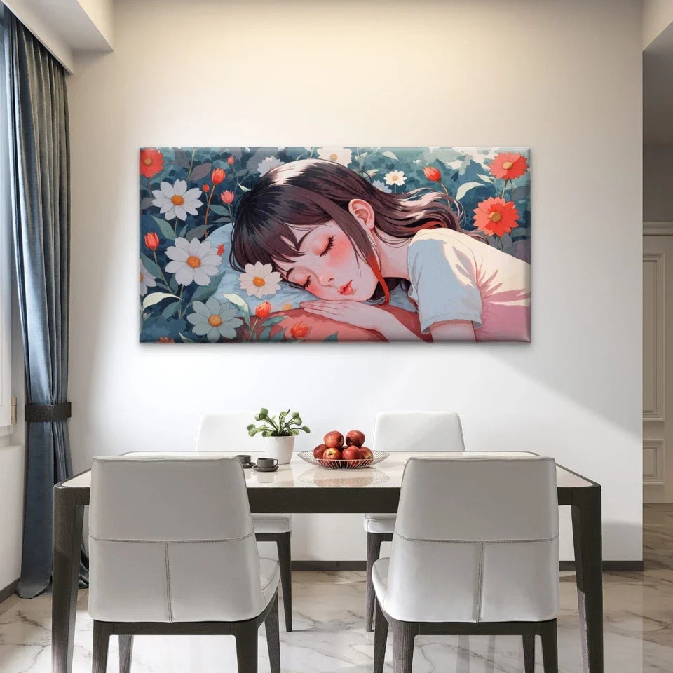 Dreaming Girl Lying On Flowers Wall Art Canvas Office Home Room Framed 120x60cm