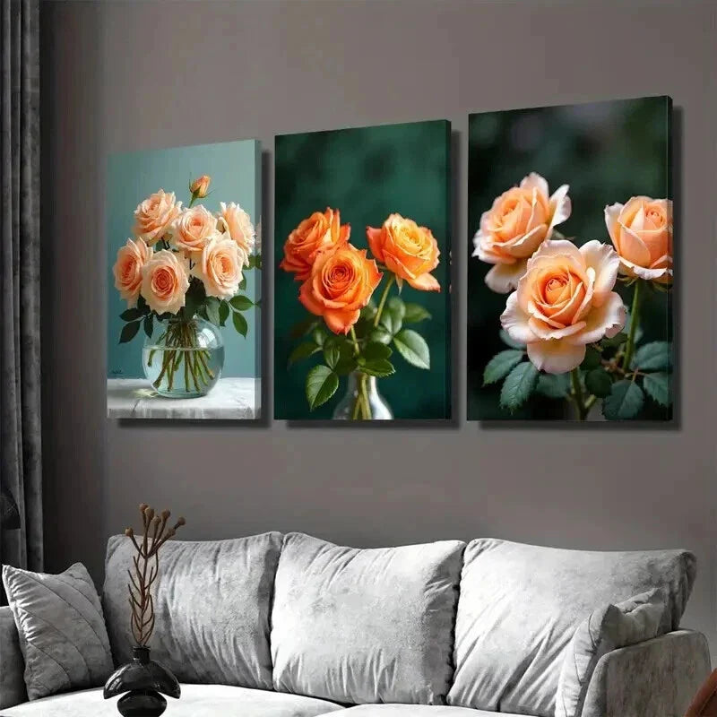 3pcs Beautiful Rose Bouquet Orange Wall Art Set Canvas Framed 40x60cm - High Quality Print 100% Australian Made Wall Canvas Ready to Hang