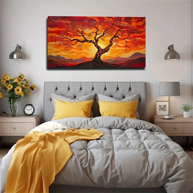 Red Sunset Glow Big Tree Wall Art Canvas Office Home Room Framed 120x60cm
