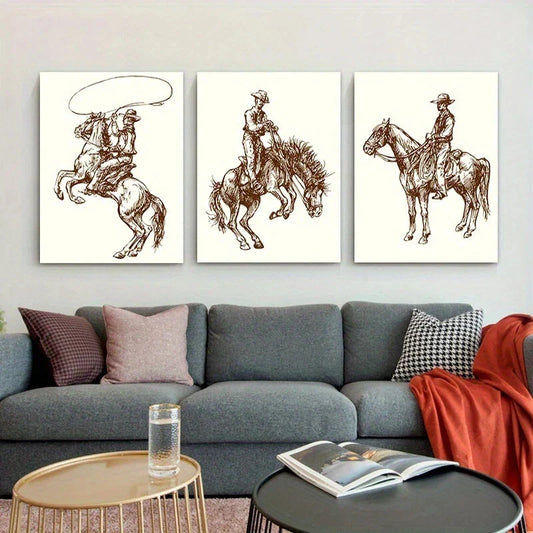 3pcs Faux Denim Texture Horse Riding Metal Print Ready to Hang Art
