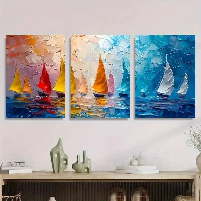 3pcs Vibrant Abstract Sailing Boat Sailboats Metal Print Ready to Hang Art