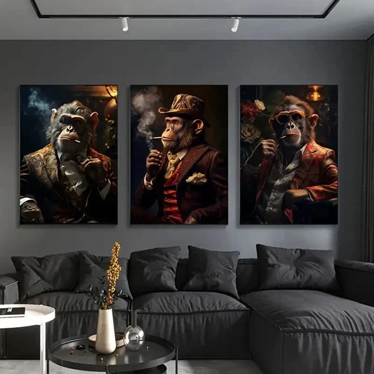 3pcs Stylish Monkeys in Sophisticated Attire Wall Art Set Canvas Framed 40x60cm - High Quality Print 100% Australian Made Wall Canvas Ready to Hang