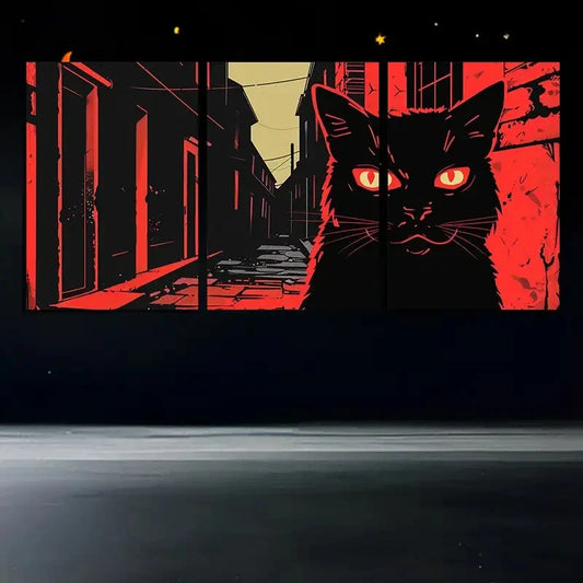 3pcs Black Cat Modern Stunning Red Eyes Metal Print Ready to Hang Art