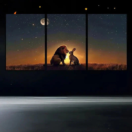 3pcs Lion Rabbit Sunset Moon Grasses Metal Print Ready to Hang Art