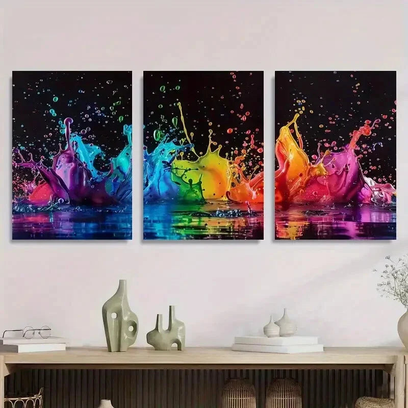 3pcs Colorful Ink Splash Vibrant Abstract Liquid Metal Print Ready to Hang Art