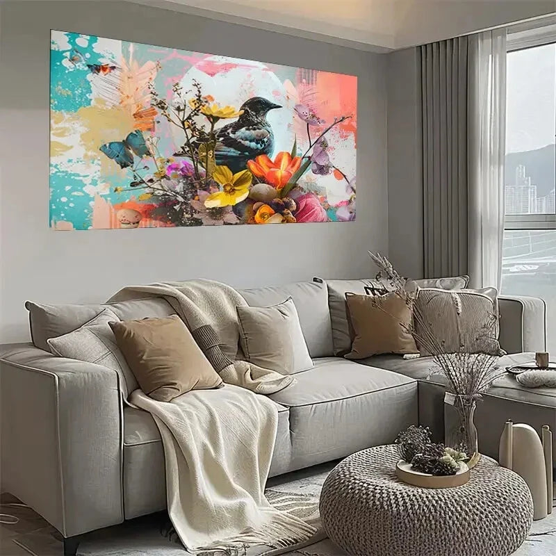 Vibrant Bird Collage Modern Wall Art wall canvas office home room framed 120x60cm