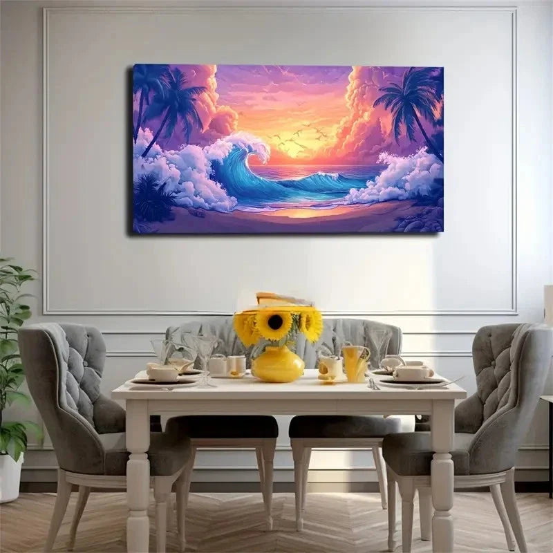 Vibrant Sunset Beach Scene Wall Art Canvas Office Home Room Framed 120x60cm