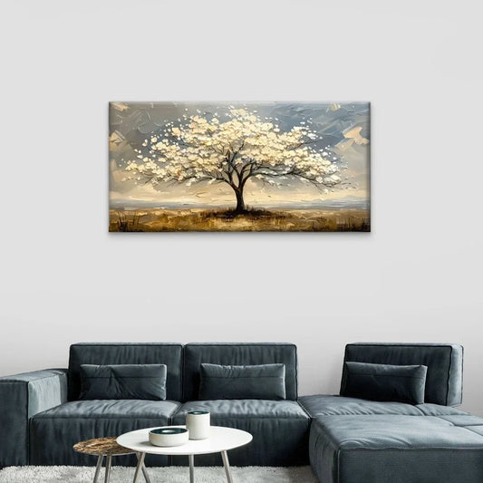 White Flowering Tree Sky Wall Art Canvas Office Home Room Framed 80x45cm