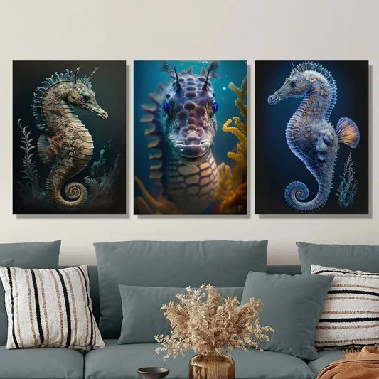 3pcs Seahorse Swimming in Water, Animal Seahorse Metal Print Ready to Hang Art