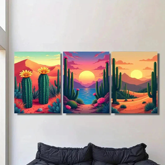 3pcs Desert Oasis Triptych Vibrant Cactus Sunset Metal Print Ready to Hang Art