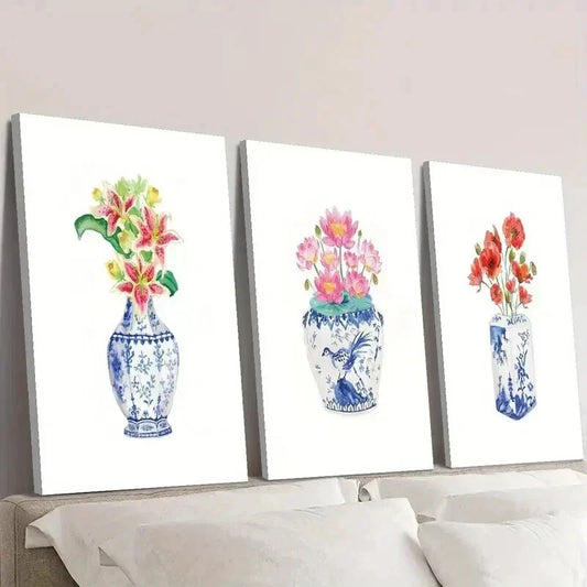 3pcs Watercolor Flowers in Chinoiseries Vase Wall Art Set Canvas Framed 40x60cm - High Quality Print 100% Australian Made Wall Canvas Ready to Hang
