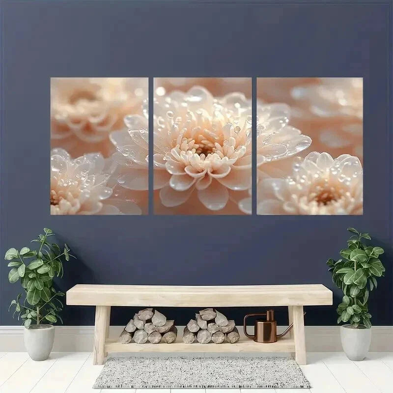 3pcs White Chrysanthemums with Water Droplets Wall Art Set Canvas Framed 40x60cm - High Quality Print 100% Australian Made Wall Canvas Ready to Hang