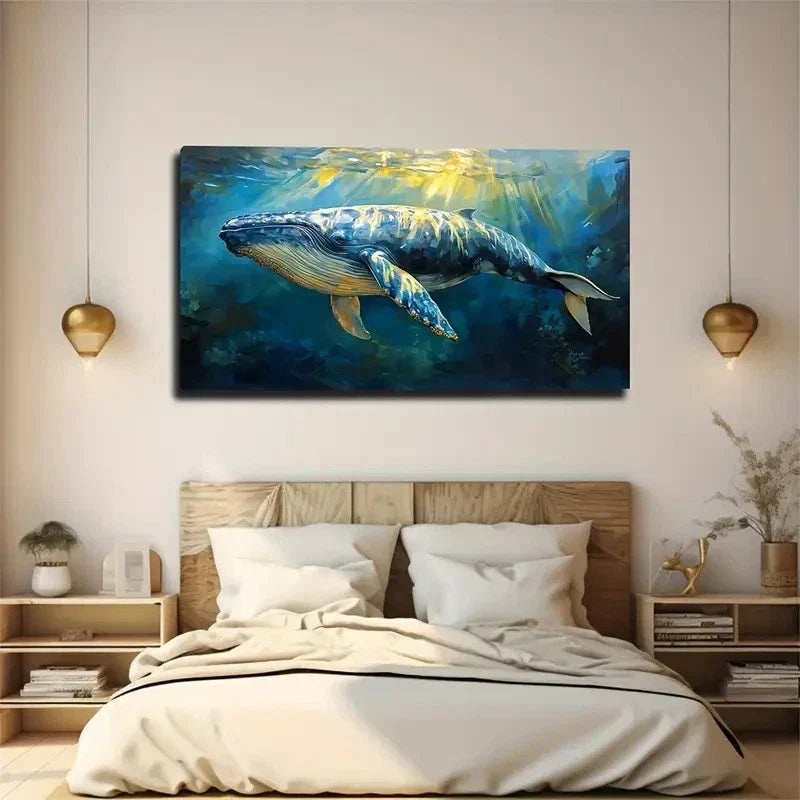 Vibrant Blue Whale Colorful Wall Art Canvas Office Home Room Framed 80x45cm