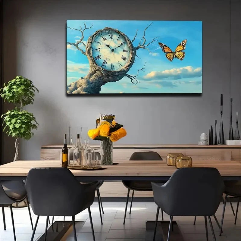 Tree With Clock & Butterfly Wall Art canvas office home room framed 120x60cm