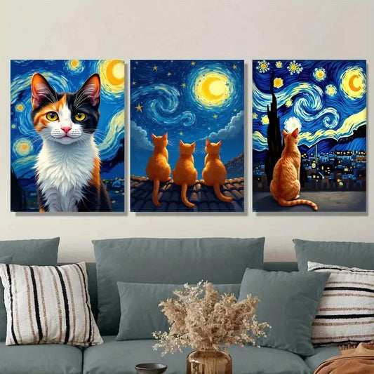 3pcs Starry Night Cat Vibrant Orange, Black Metal Print Ready to Hang Art
