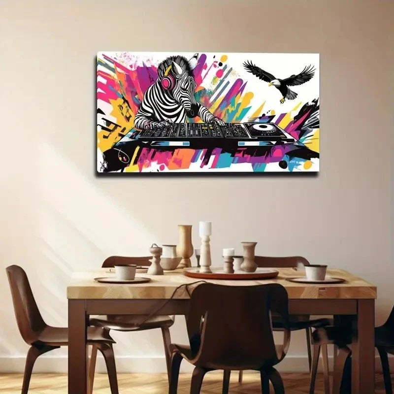 Zebra DJing With Vibrant Color Wall Art Canvas Office Home Room Framed 80x45cm