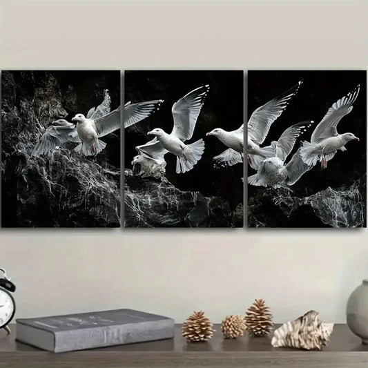 3pcs Seagulls Flying Birds Black & White Metal Print Ready to Hang Art