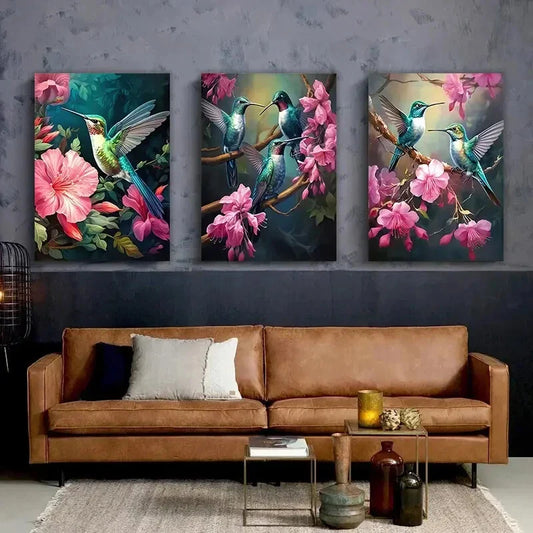 3pcs Vibrant Pink Floral Hummingbird Metal Print Ready to Hang Art