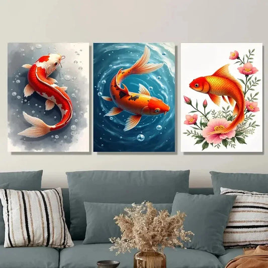 3pcs Vibrant Orange & White Koi with Lotus Flower Metal Print Ready to Hang Art