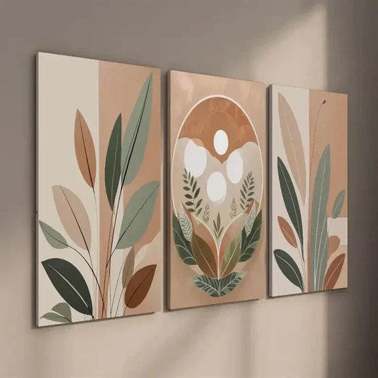 3pcs Bohemian Style Leaf & Nature Elements Wall Art Set Canvas Framed 40x60cm - High Quality Print 100% Australian Made Wall Canvas Ready to Hang