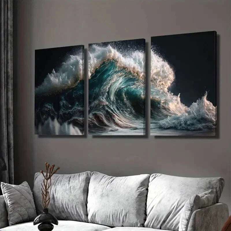 3pcs Ocean Wave Triptych Blue Sea Wall Art Set Canvas Framed 40x60cm - High Quality Print 100% Australian Made Wall Canvas Ready to Hang