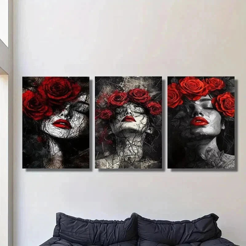 3pcs Elegant Women with Red Roses Wall Art Set Canvas Framed 40x60cm - High Quality Print 100% Australian Made Wall Canvas Ready to Hang