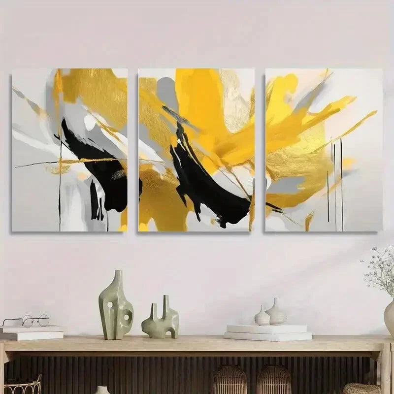 3pcs Abstract Golden and Black Abstract Metal Print Ready to Hang Art
