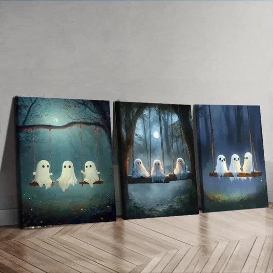 3pcs Three Cute Little Ghosts Night Perfect Wall Art Set Canvas Framed 40x60cm - High Quality Print 100% Australian Made Wall Canvas Ready to Hang