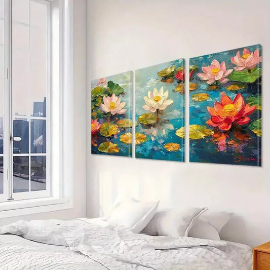 3pcs Decorative Lotus Flowers with Pink Petals Wall Art Set Canvas Framed 40x60cm - High Quality Print 100% Australian Made Wall Canvas Ready to Hang