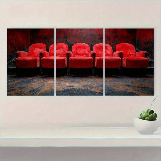 3pcs Modern Red Velvet Theater Seats Metal Print Ready to Hang Art