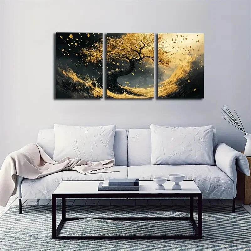 3pcs Noble Black and Golden Tree Wall Art Set Canvas Framed 40x60cm - High Quality Print 100% Australian Made Wall Canvas Ready to Hang