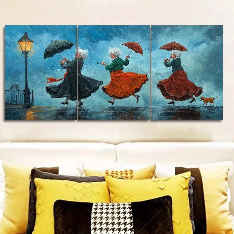 3pcss Featuring a Theme of Dancing in The Rain Wall Art Set Canvas Framed 40x60cm - High Quality Print 100% Australian Made Wall Canvas Ready to Hang