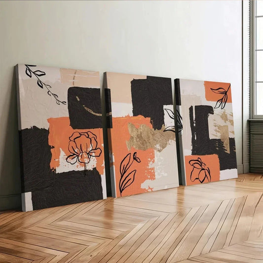 3pcs Orange Abstract Modern Black Line Flower Wall Art Set Canvas Framed 40x60cm - High Quality Print 100% Australian Made Wall Canvas Ready to Hang